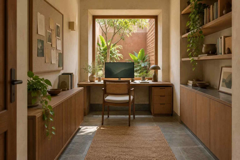 AI-generated home office concept: narrow room office, courtyard modern direction
