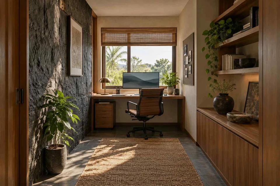 AI-generated home office concept: narrow room office, deccan stone direction