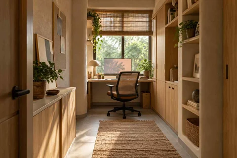 AI-generated home office concept: narrow room office, earth and bamboo direction