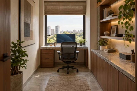 AI-generated home office concept: narrow room office, granite precision direction