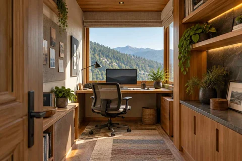 AI-generated home office concept: narrow room office, hill timber direction
