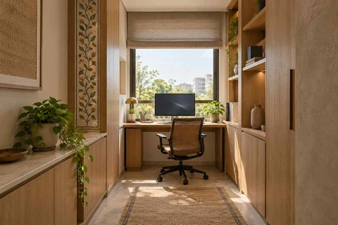 AI-generated home office concept: narrow room office, inlay atelier direction