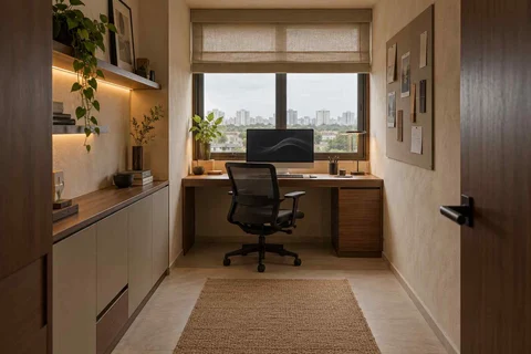 AI-generated home office concept: narrow room office, lime and walnut direction