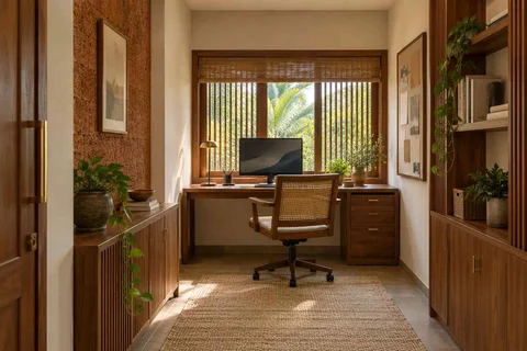 AI-generated home office concept: narrow room office, malabar timber direction