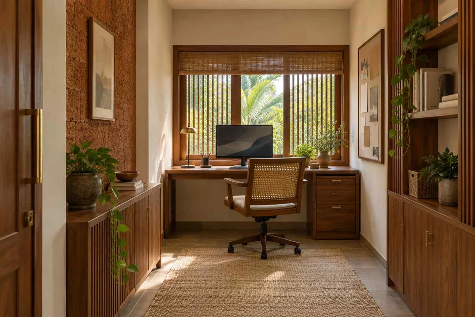AI-generated home office concept: narrow room office, malabar timber direction