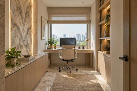 AI-generated home office concept: narrow room office, marble restraint direction