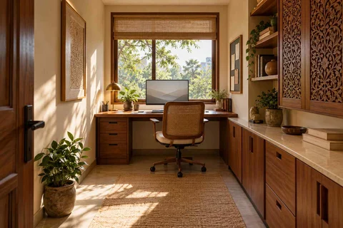 AI-generated home office concept: narrow room office, modern carved direction