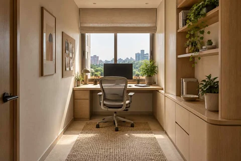 AI-generated home office concept: narrow room office, quiet contemporary direction