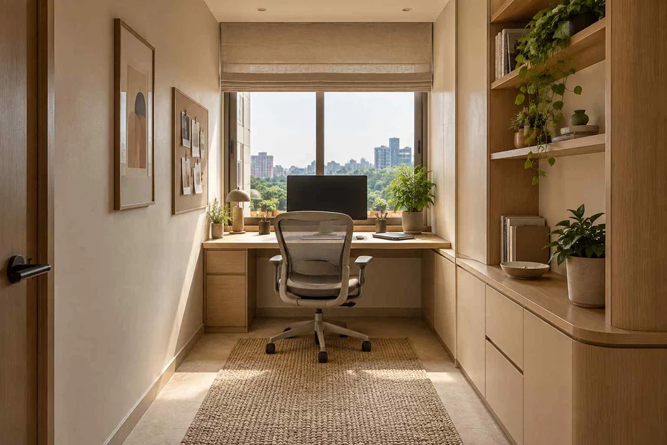 AI-generated home office concept: narrow room office, quiet contemporary direction