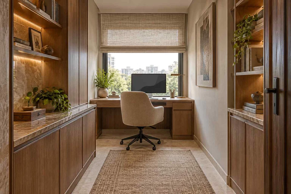 AI-generated home office concept: narrow room office, quiet transitional direction
