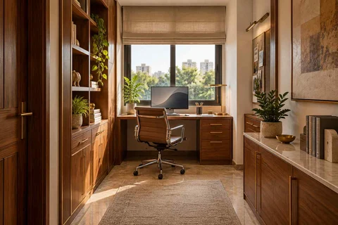 AI-generated home office concept: narrow room office, rosewood brass direction