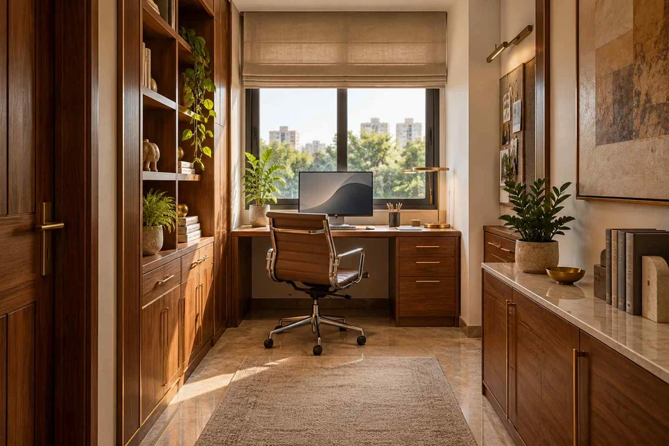 AI-generated home office concept: narrow room office, rosewood brass direction