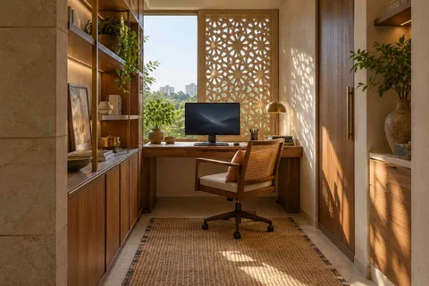 AI-generated home office concept: narrow room office, sandstone lattice direction
