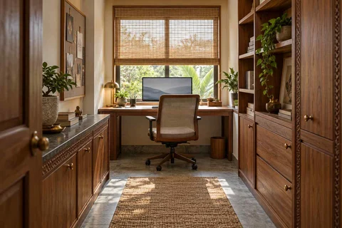 AI-generated home office concept: narrow room office, teak craft direction