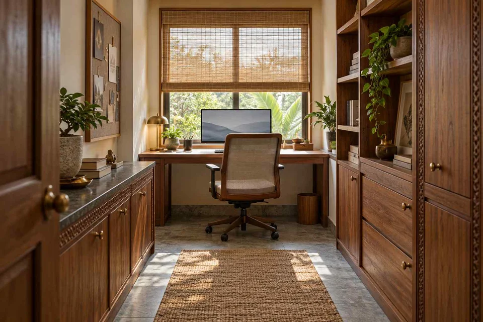 AI-generated home office concept: narrow room office, teak craft direction