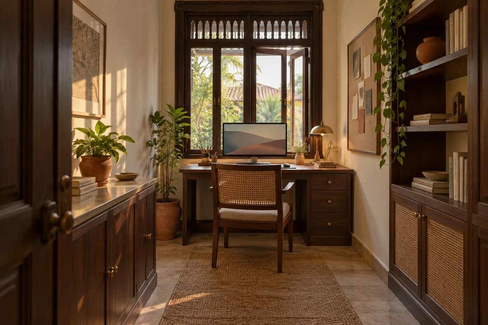AI-generated home office concept: narrow room office, terracotta heritage direction