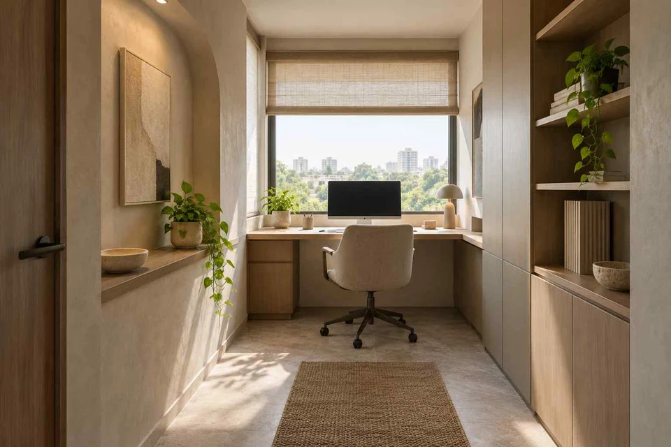 AI-generated home office concept: narrow room office, textured mineral direction