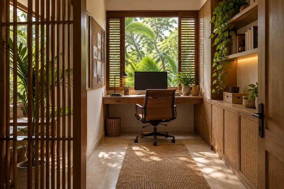 AI-generated home office concept: narrow room office, tropical slatted direction