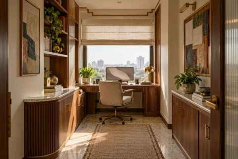 AI-generated home office concept: narrow room office, urban deco direction