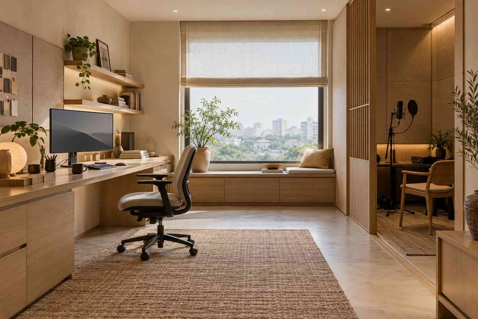 AI-generated home office concept: office and recording corner, ash and linen direction