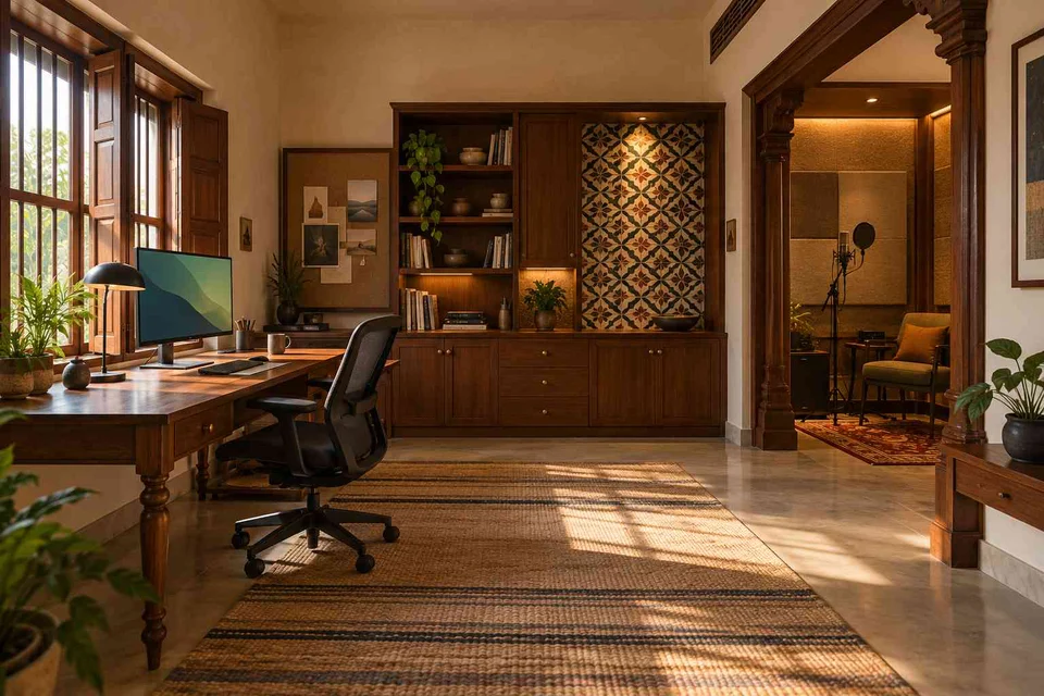 AI-generated home office concept: office and recording corner, chettinad tile direction