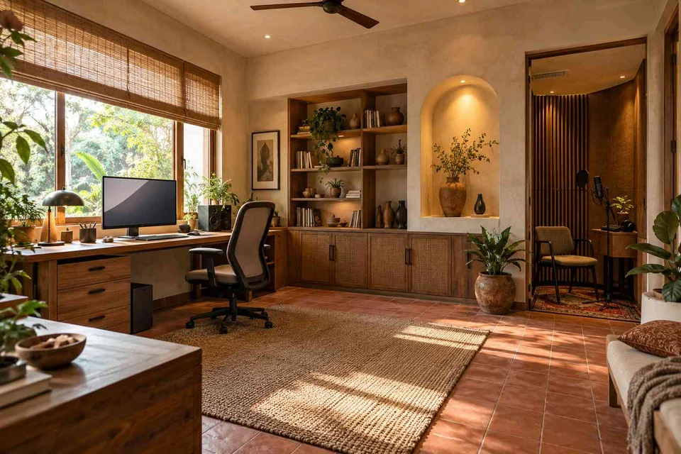 AI-generated home office concept: office and recording corner, clay artisan direction