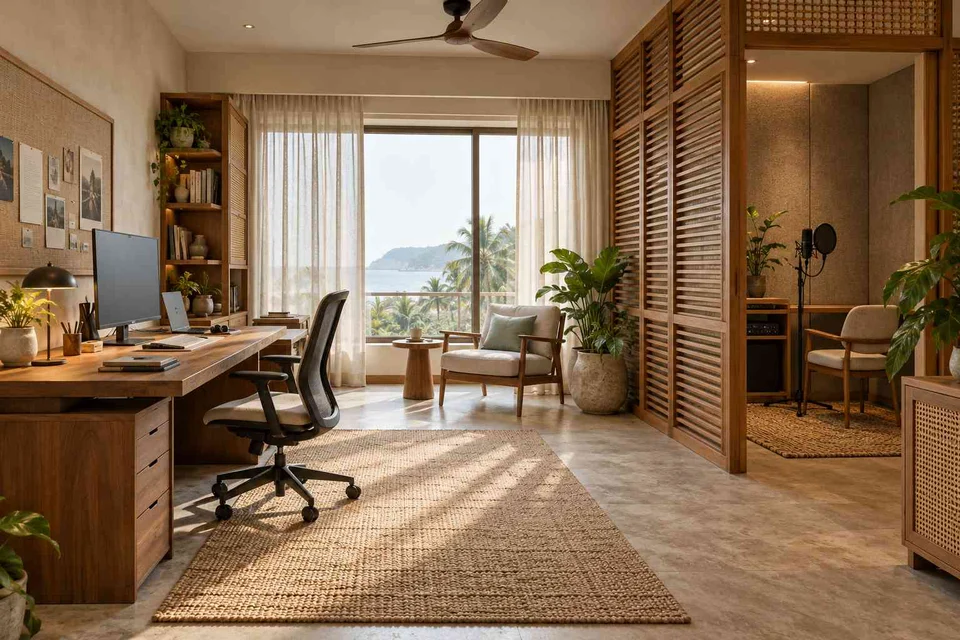 AI-generated home office concept: office and recording corner, coastal woven direction