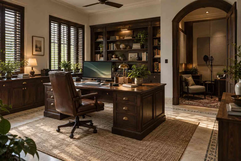 AI-generated home office concept: office and recording corner, colonial quiet direction