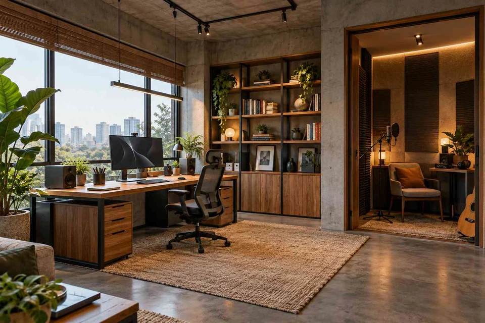AI-generated home office concept: office and recording corner, concrete and oak direction