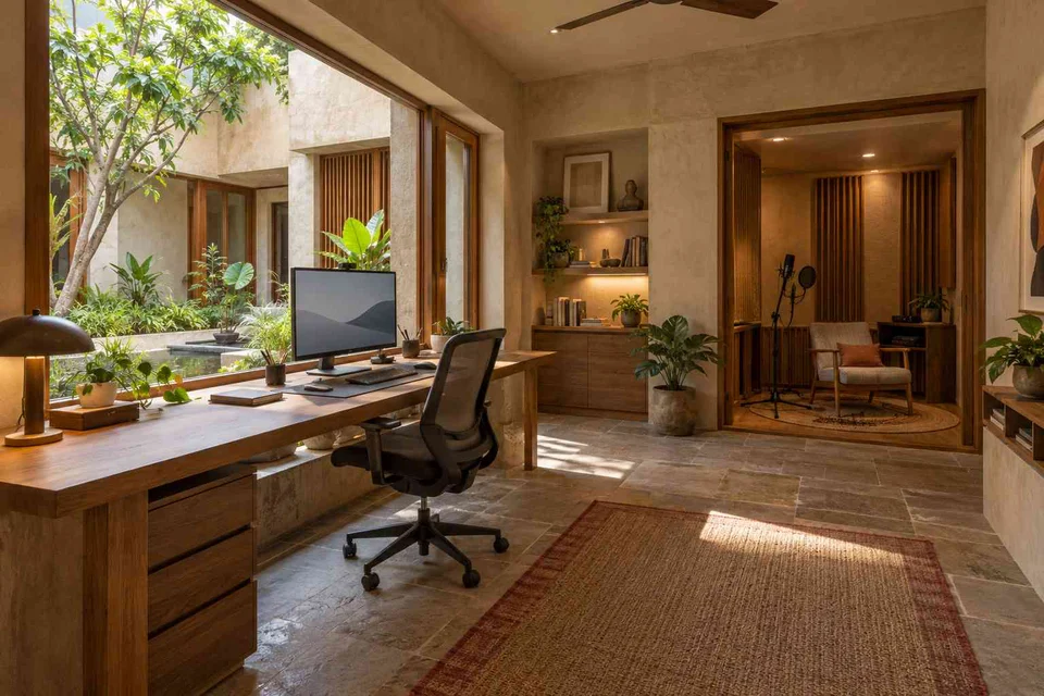 AI-generated home office concept: office and recording corner, courtyard modern direction