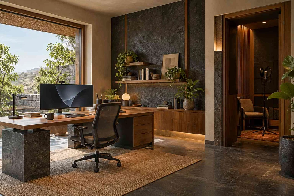AI-generated home office concept: office and recording corner, deccan stone direction