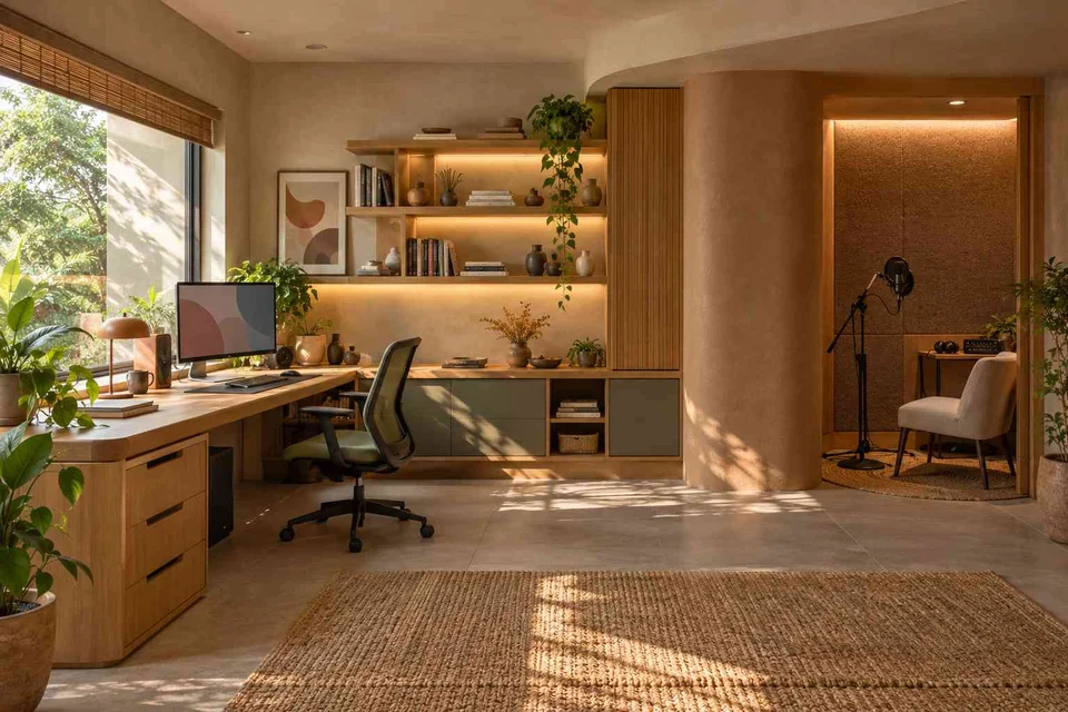 AI-generated home office concept: office and recording corner, earth and bamboo direction