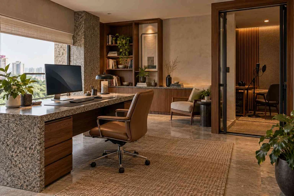 AI-generated home office concept: office and recording corner, granite precision direction