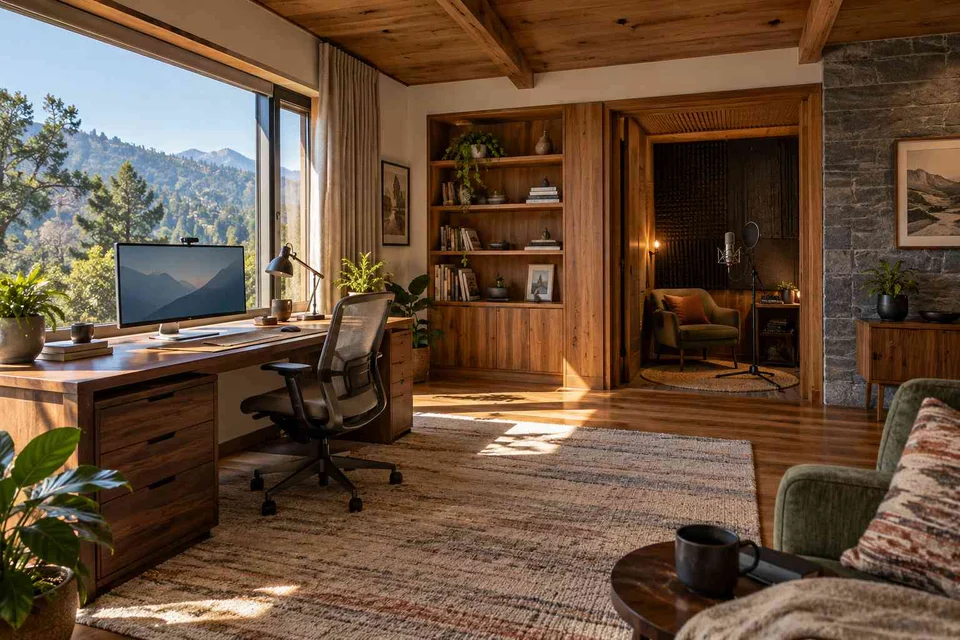 AI-generated home office concept: office and recording corner, hill timber direction