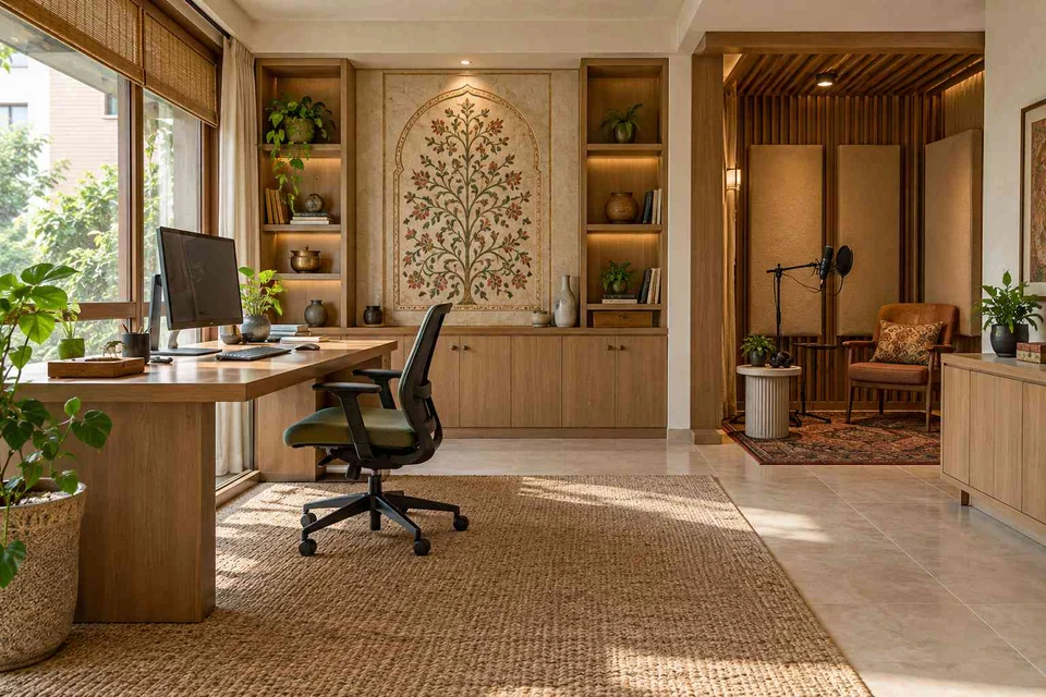 AI-generated home office concept: office and recording corner, inlay atelier direction