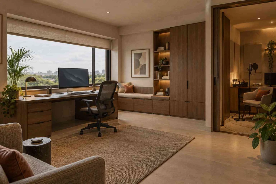 AI-generated home office concept: office and recording corner, lime and walnut direction