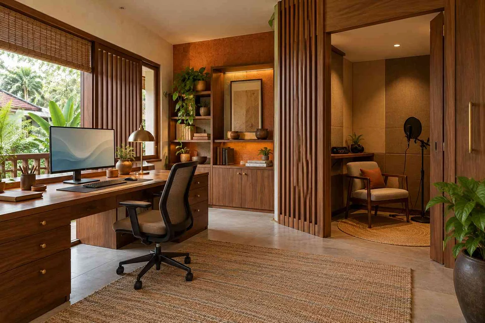 AI-generated home office concept: office and recording corner, malabar timber direction