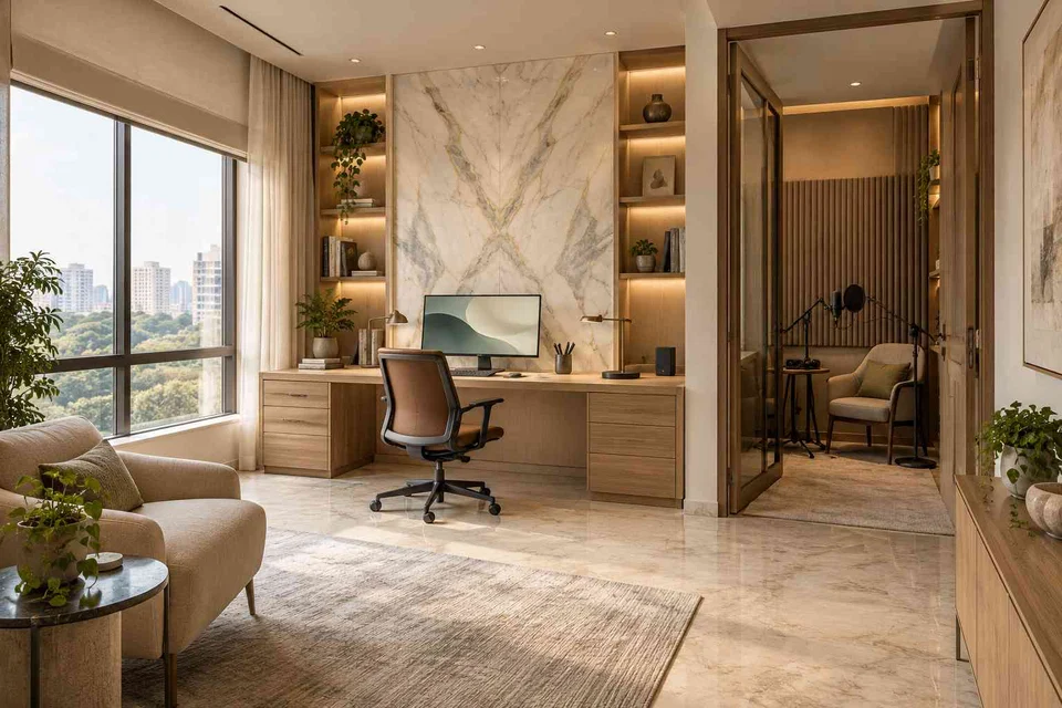 AI-generated home office concept: office and recording corner, marble restraint direction