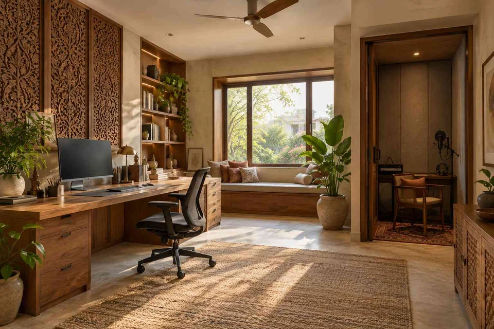 AI-generated home office concept: office and recording corner, modern carved direction