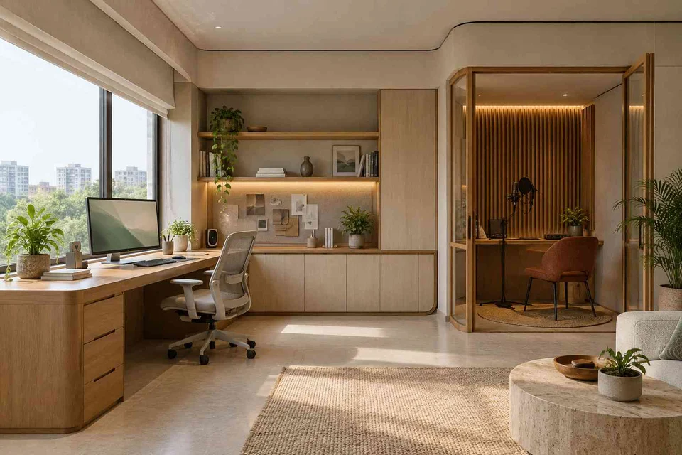 AI-generated home office concept: office and recording corner, quiet contemporary direction