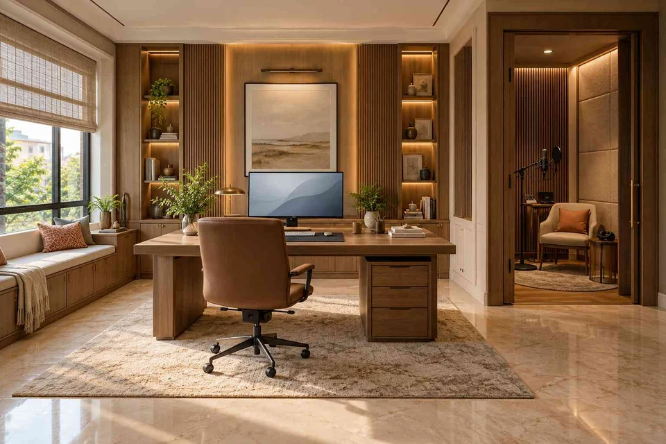 AI-generated home office concept: office and recording corner, quiet transitional direction