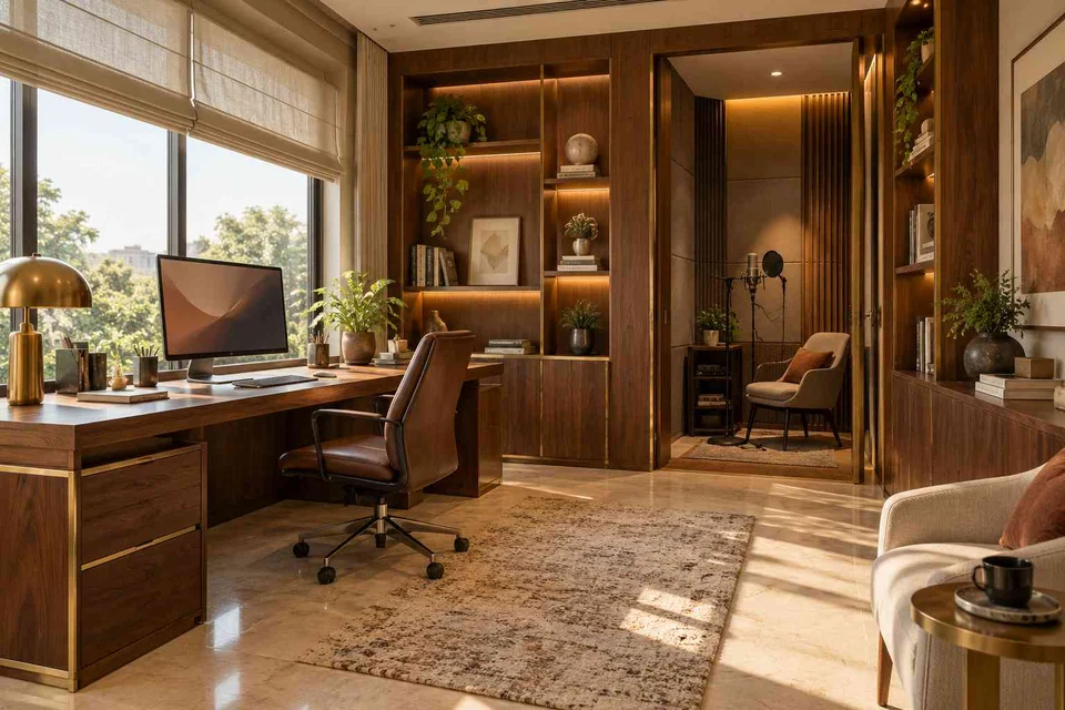 AI-generated home office concept: office and recording corner, rosewood brass direction