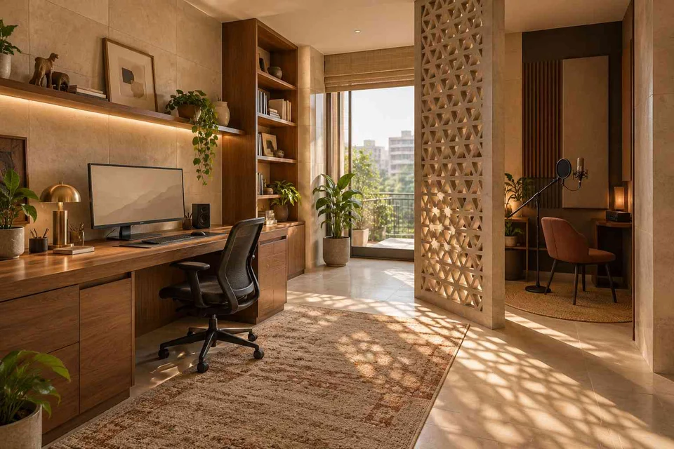 AI-generated home office concept: office and recording corner, sandstone lattice direction