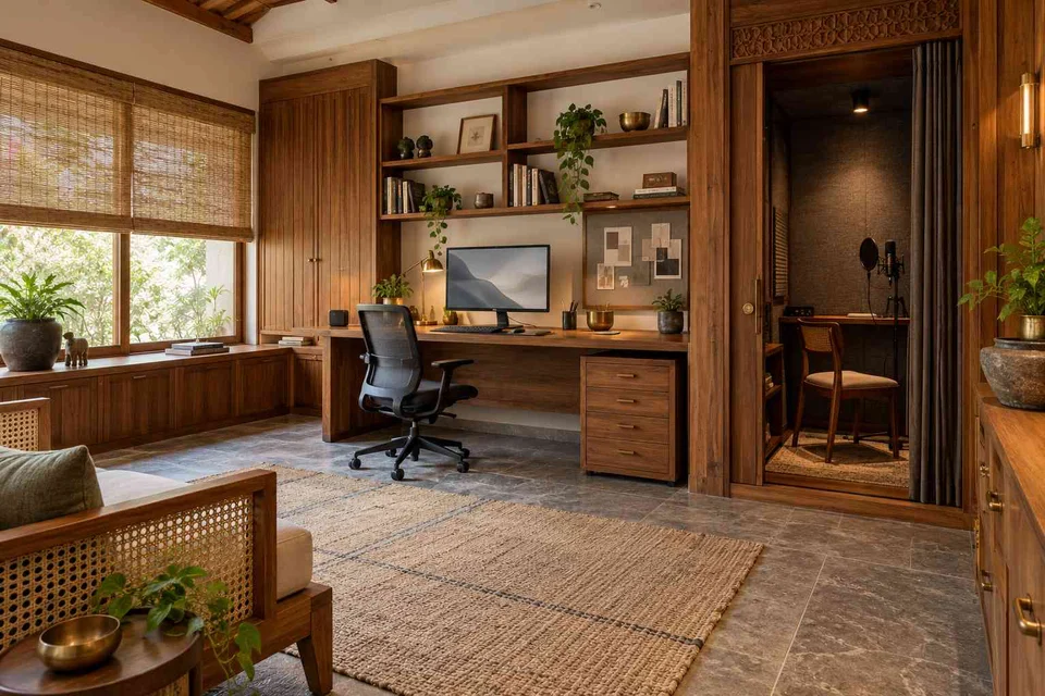AI-generated home office concept: office and recording corner, teak craft direction