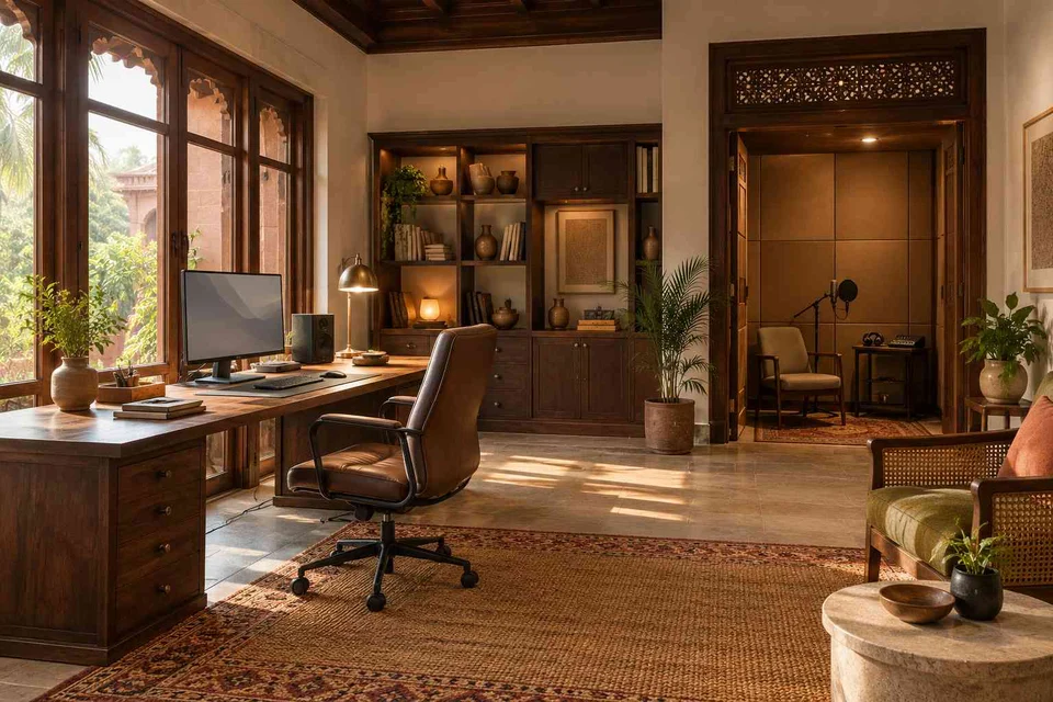 AI-generated home office concept: office and recording corner, terracotta heritage direction