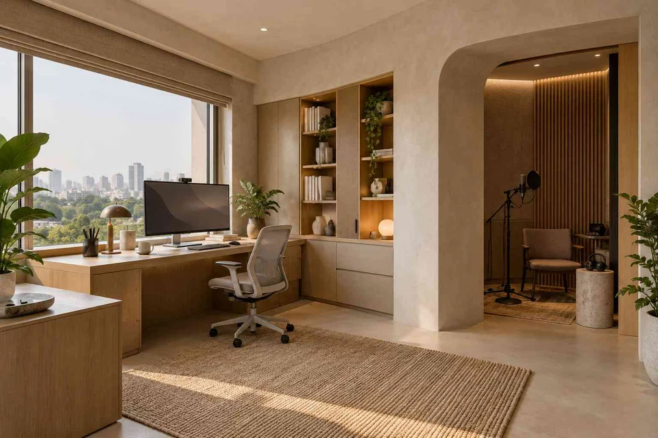 AI-generated home office concept: office and recording corner, textured mineral direction