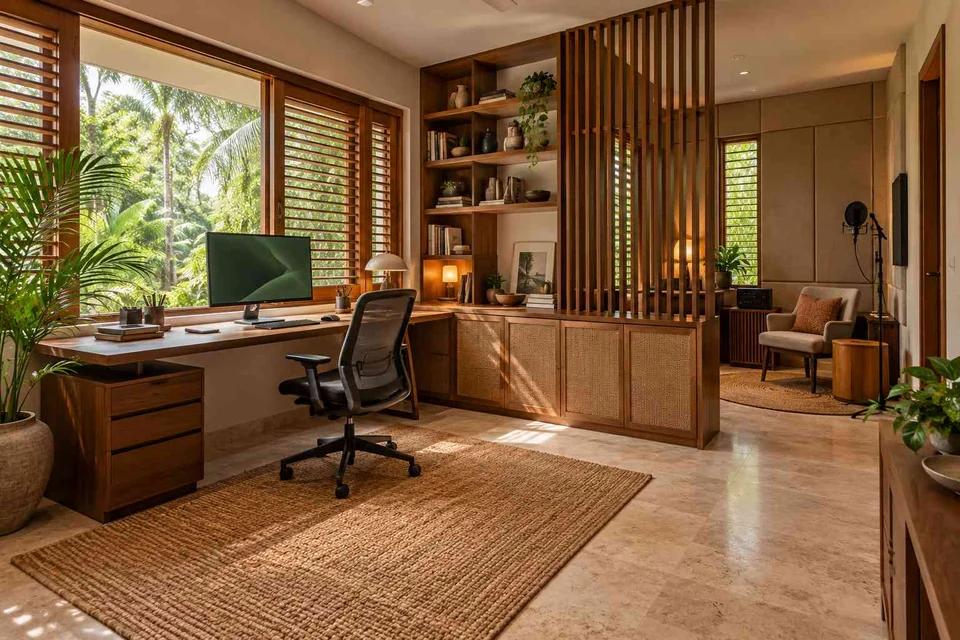 AI-generated home office concept: office and recording corner, tropical slatted direction