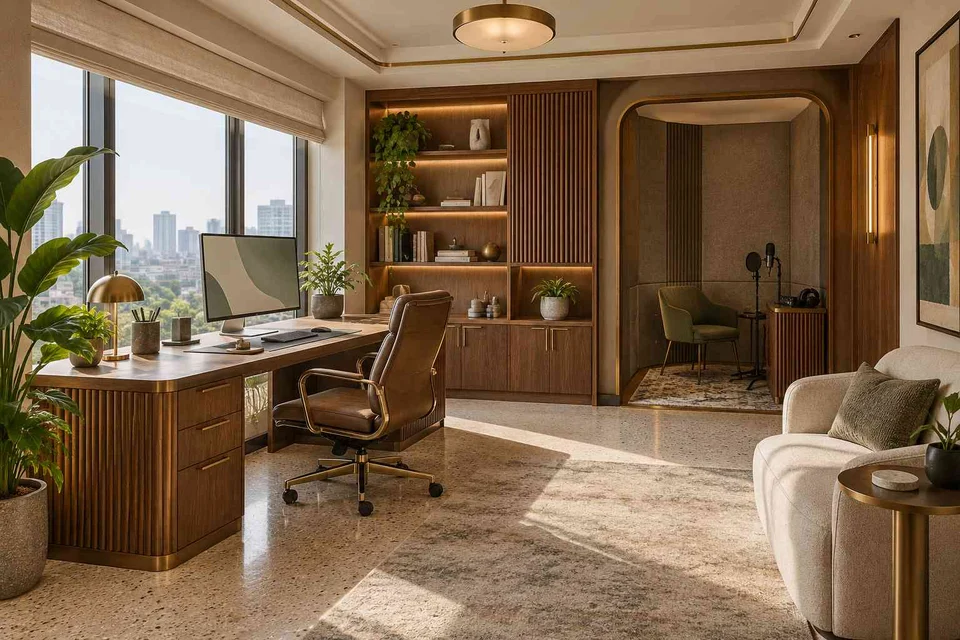 AI-generated home office concept: office and recording corner, urban deco direction