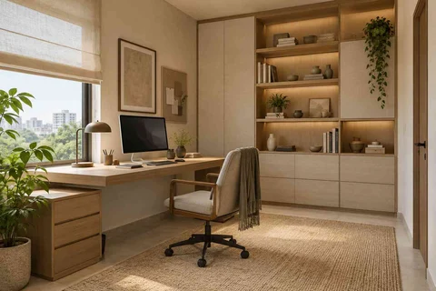 AI-generated home office concept: office and storage wall, ash and linen direction