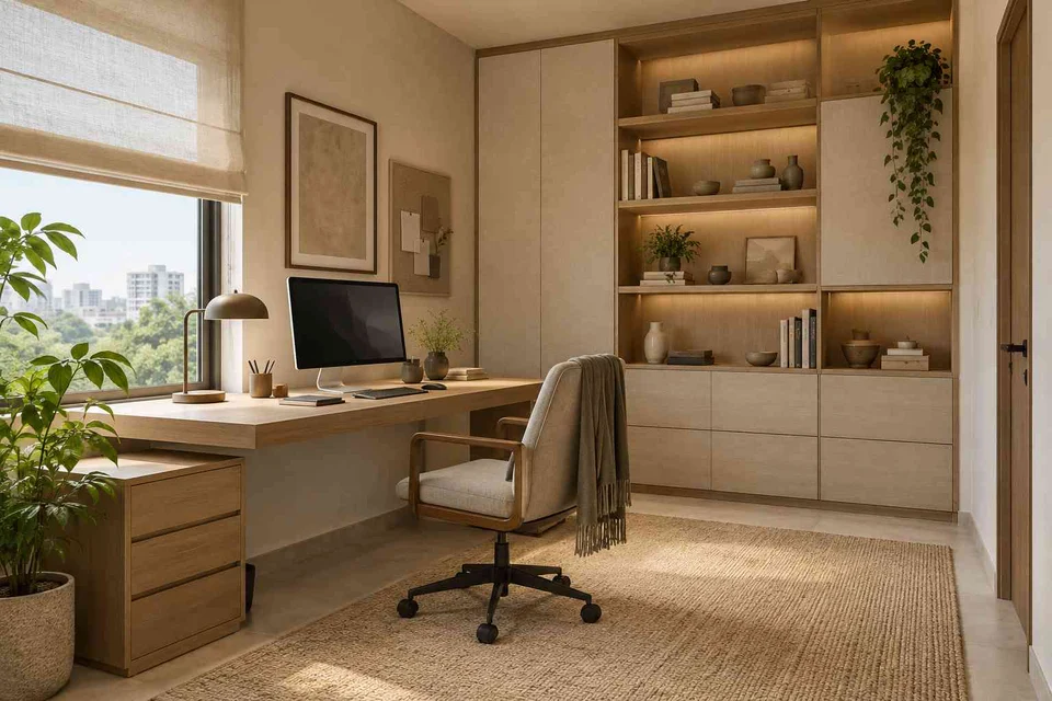 AI-generated home office concept: office and storage wall, ash and linen direction